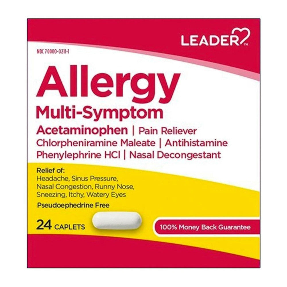 Leader Allergy Multi Symptom Acetaminophen Pain Reliever Caplets, 24 Ea